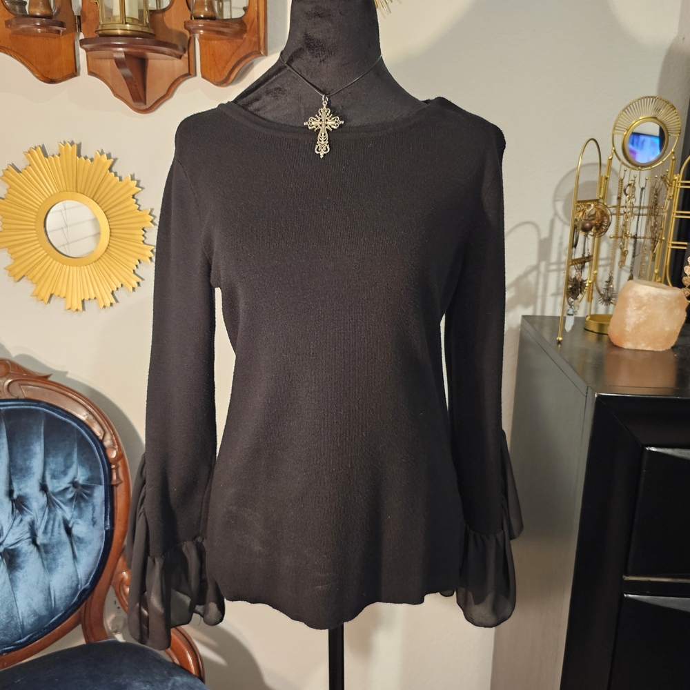 INC International Concepts Black Blouse with Sheer Sleeves